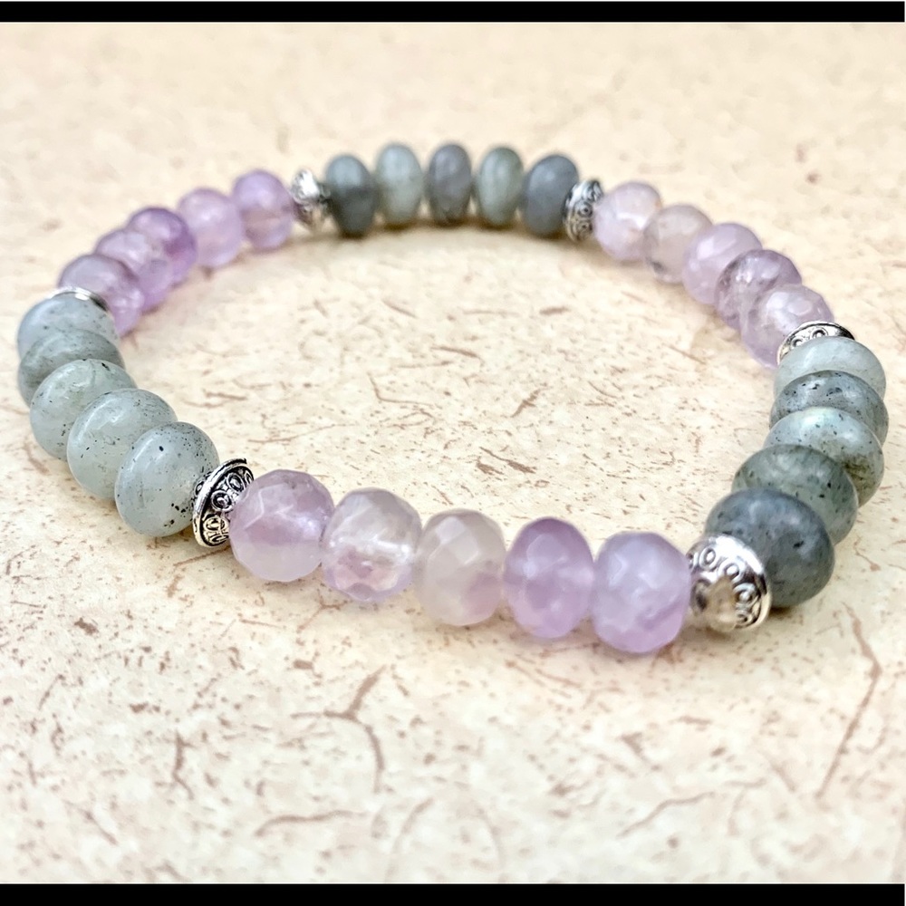 Pink Morganite & Gray Agate Gem Stone Bracelet